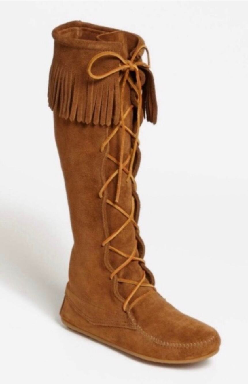 Minnetonka Knee High Tall Fringe Moccasins  Size 11 Brown USA Suede Hippie Boho